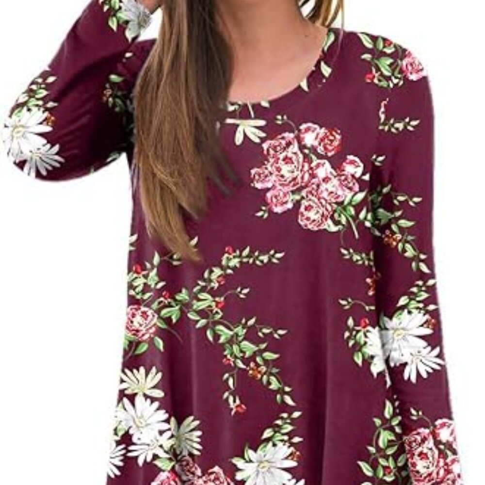 NWT Casual Round Neck Floral Long Sleeve Loose Fit Tunic T-Shirt Small